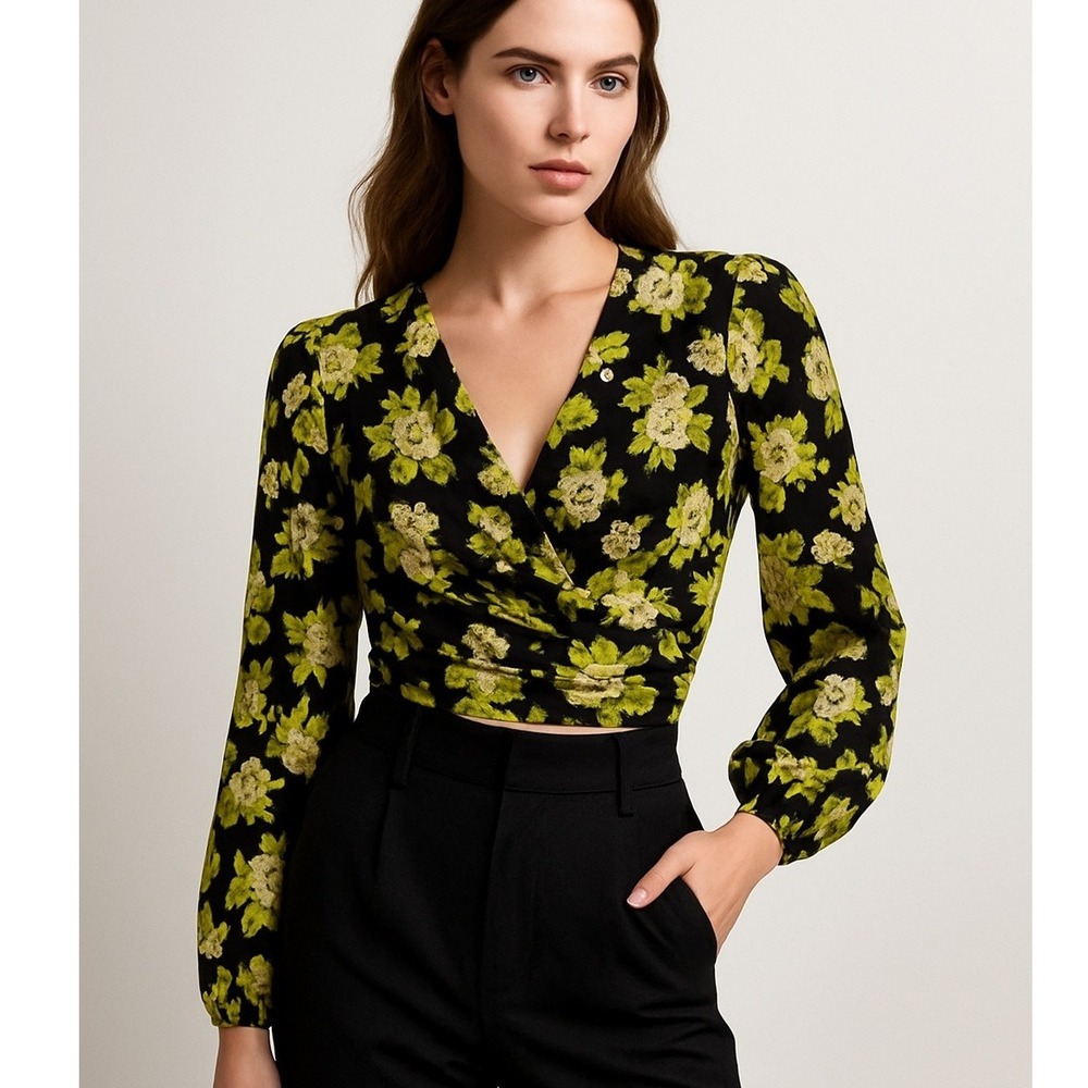 MANGO Floral Crop Top Long Sleeve Blouse Black‎ Yellow Green Size S